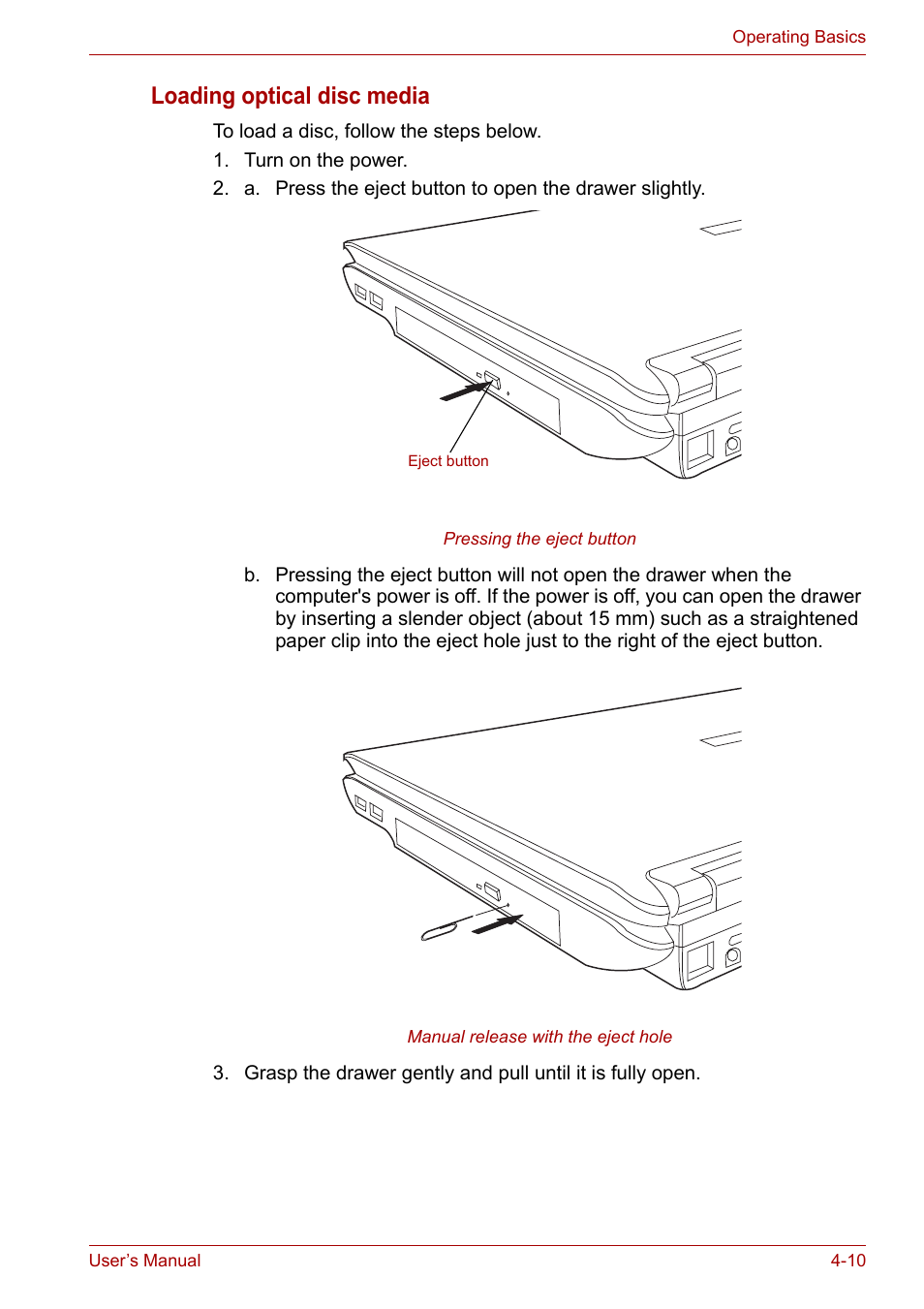 Loading optical disc media | Toshiba Tecra A6 (PTA60E) User Manual | Page 68 / 165