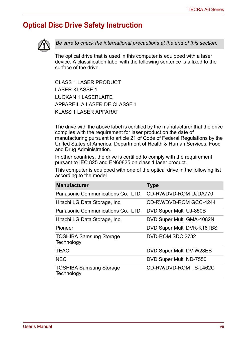 Optical disc drive safety instruction | Toshiba Tecra A6 (PTA60E) User Manual | Page 7 / 165