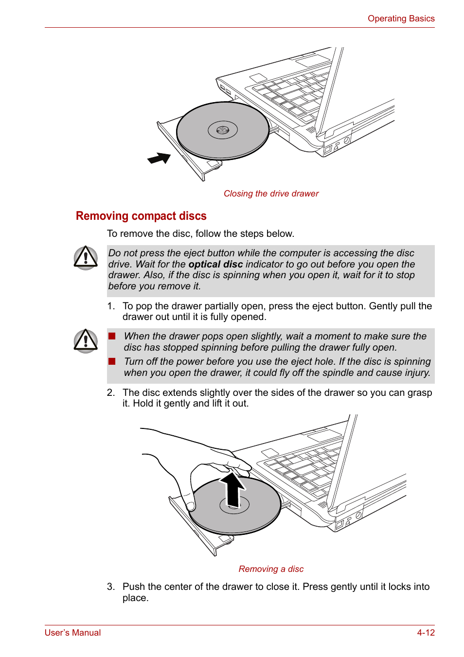 Removing compact discs | Toshiba Tecra A6 (PTA60E) User Manual | Page 70 / 165