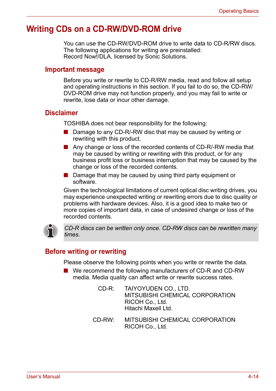 Writing cds on a cd-rw/dvd-rom drive, Writing cds on a cd-rw/dvd-rom drive -14, Important message | Disclaimer, Before writing or rewriting | Toshiba Tecra A6 (PTA60E) User Manual | Page 72 / 165