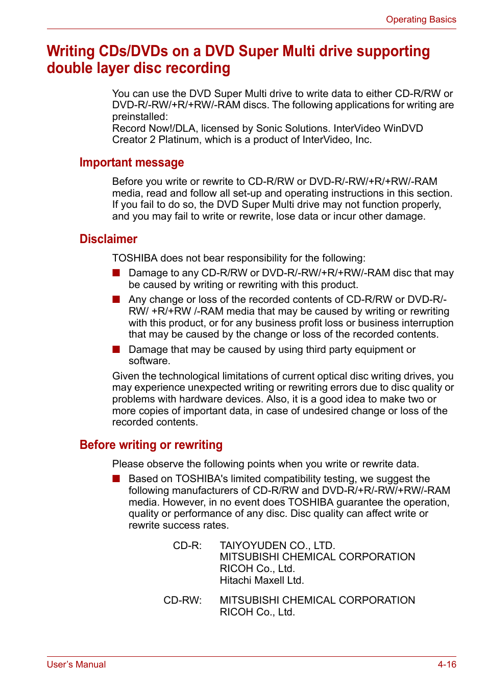 Important message, Disclaimer, Before writing or rewriting | Toshiba Tecra A6 (PTA60E) User Manual | Page 74 / 165