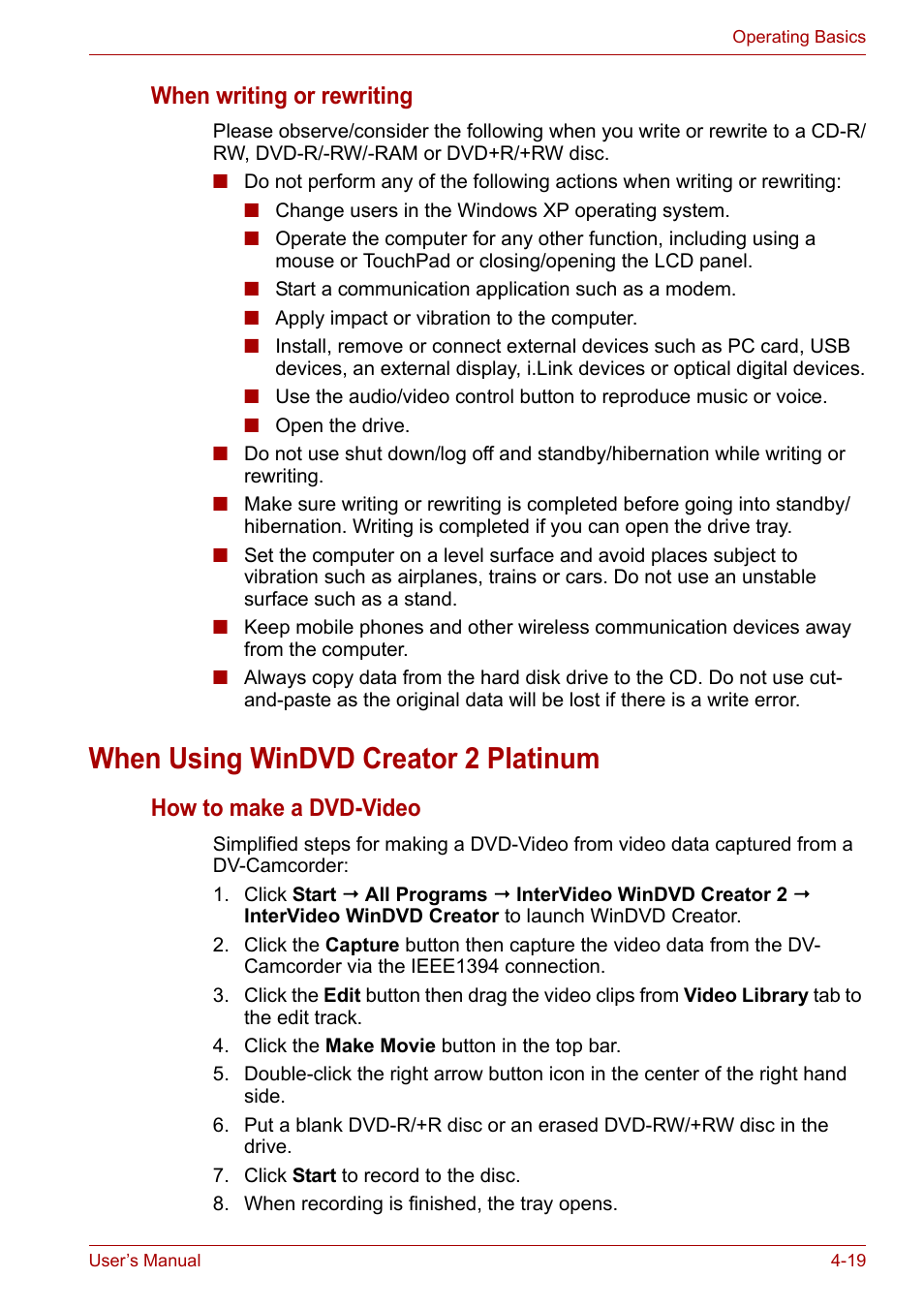 When using windvd creator 2 platinum, When using windvd creator 2 platinum -19, When writing or rewriting | How to make a dvd-video | Toshiba Tecra A6 (PTA60E) User Manual | Page 77 / 165