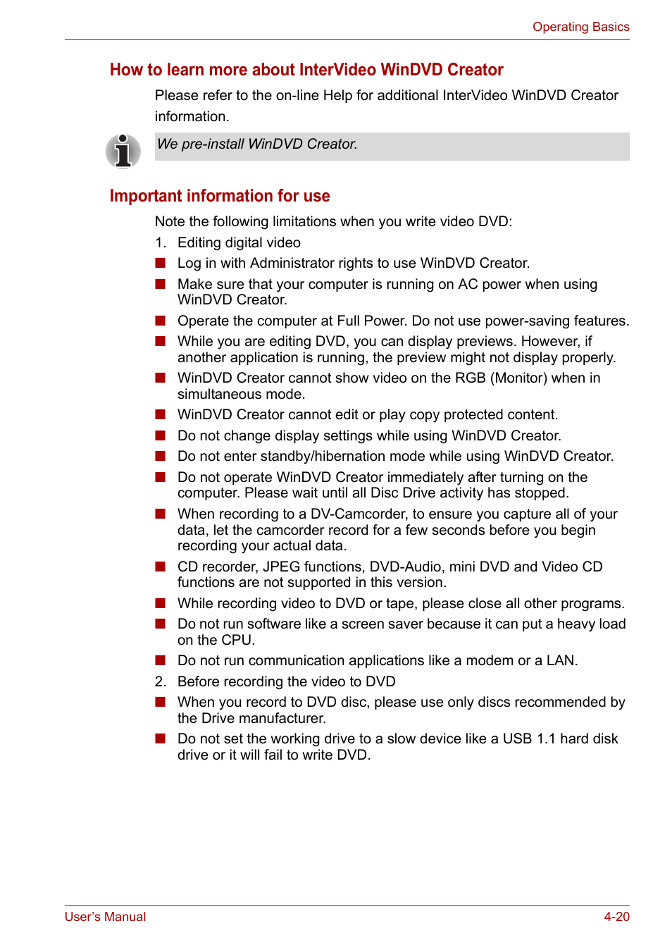 How to learn more about intervideo windvd creator, Important information for use | Toshiba Tecra A6 (PTA60E) User Manual | Page 78 / 165