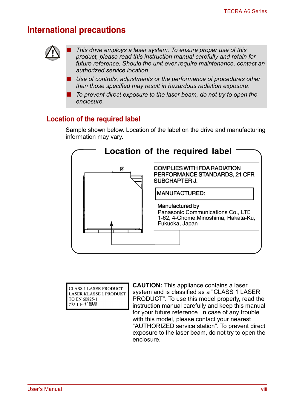 International precautions, Location of the required label | Toshiba Tecra A6 (PTA60E) User Manual | Page 8 / 165