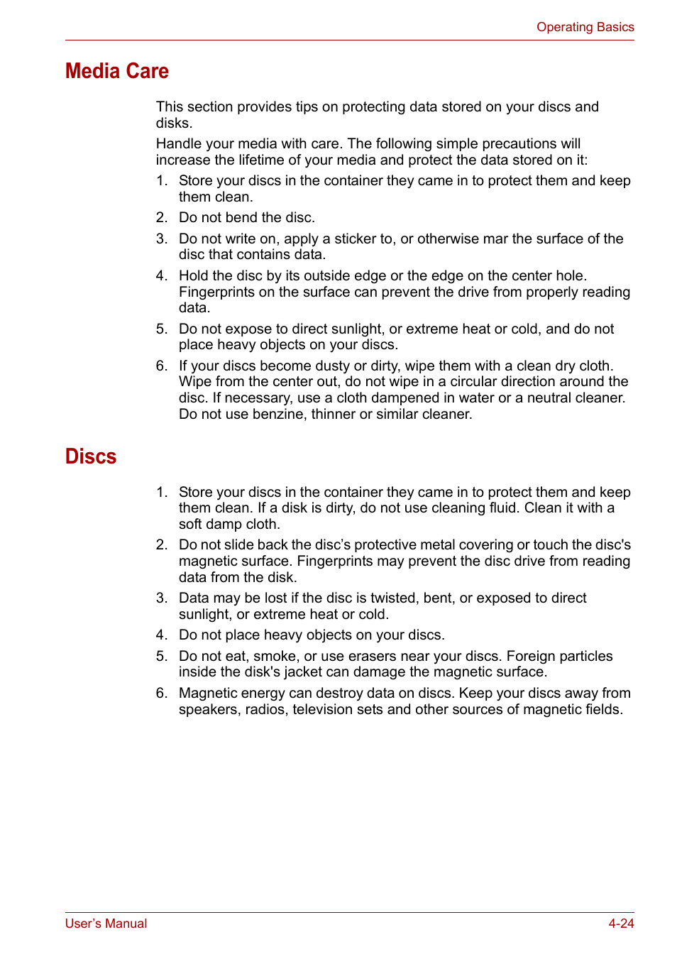 Media care, Discs, Media care -24 discs -24 | Toshiba Tecra A6 (PTA60E) User Manual | Page 82 / 165