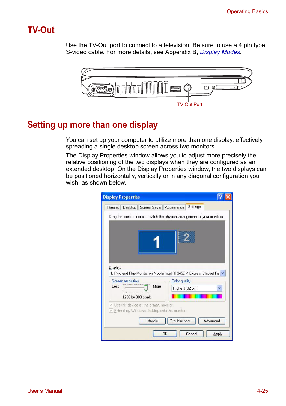 Tv-out, Setting up more than one display, Tv-out -25 setting up more than one display -25 | Toshiba Tecra A6 (PTA60E) User Manual | Page 83 / 165