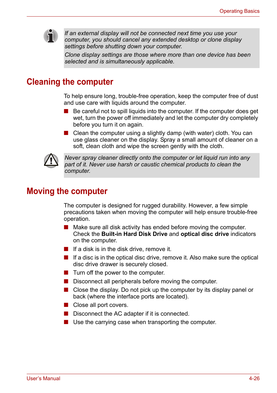 Cleaning the computer, Moving the computer, Cleaning the computer -26 moving the computer -26 | Toshiba Tecra A6 (PTA60E) User Manual | Page 84 / 165