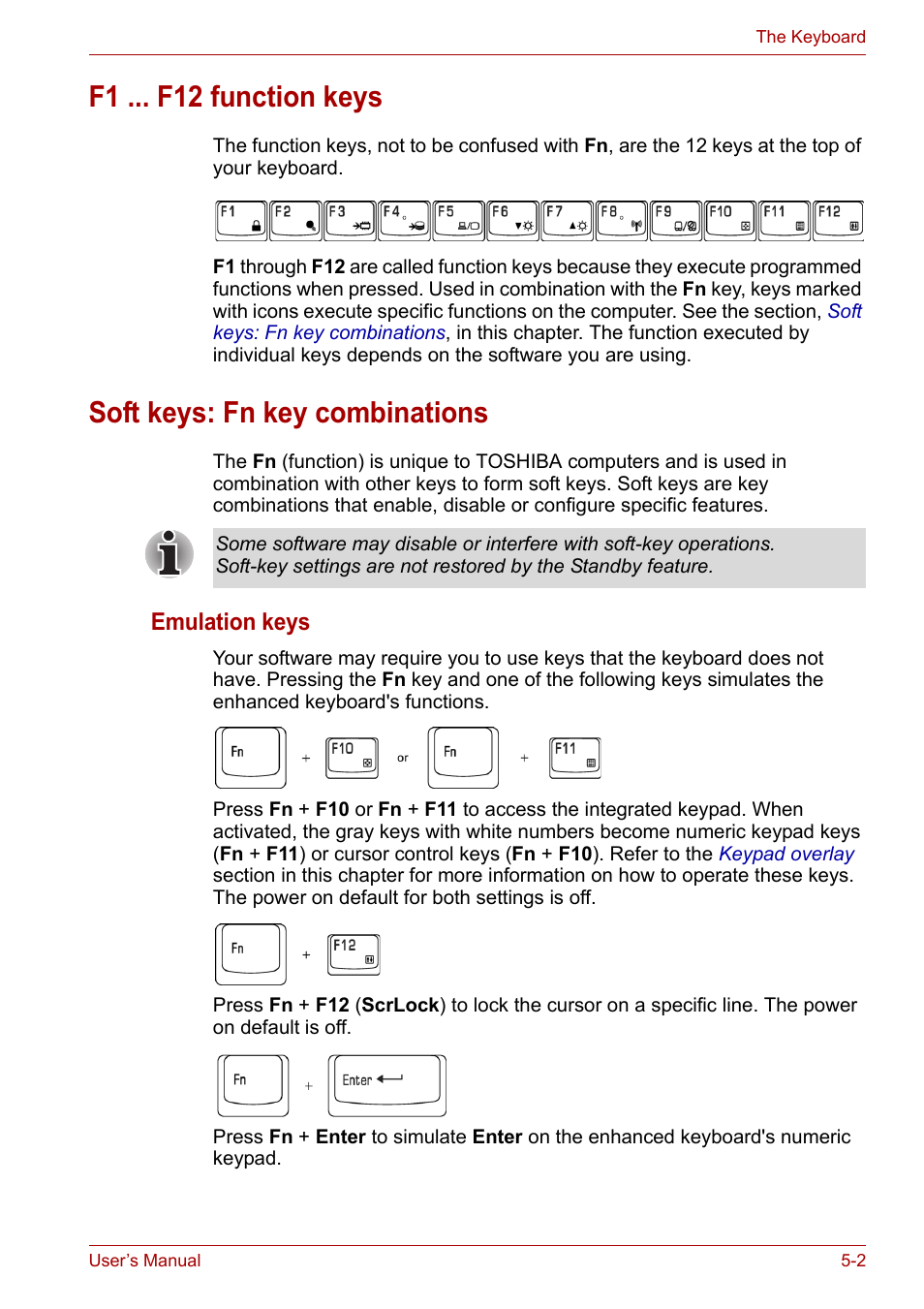 F1 ... f12 function keys, Soft keys: fn key combinations, Emulation keys | Toshiba Tecra A6 (PTA60E) User Manual | Page 86 / 165