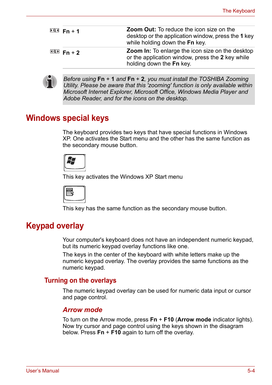Windows special keys, Keypad overlay, Windows special keys -4 keypad overlay -4 | As cursor keys. refer to the, Keypad, Overlay, Section in chapter | Toshiba Tecra A6 (PTA60E) User Manual | Page 88 / 165