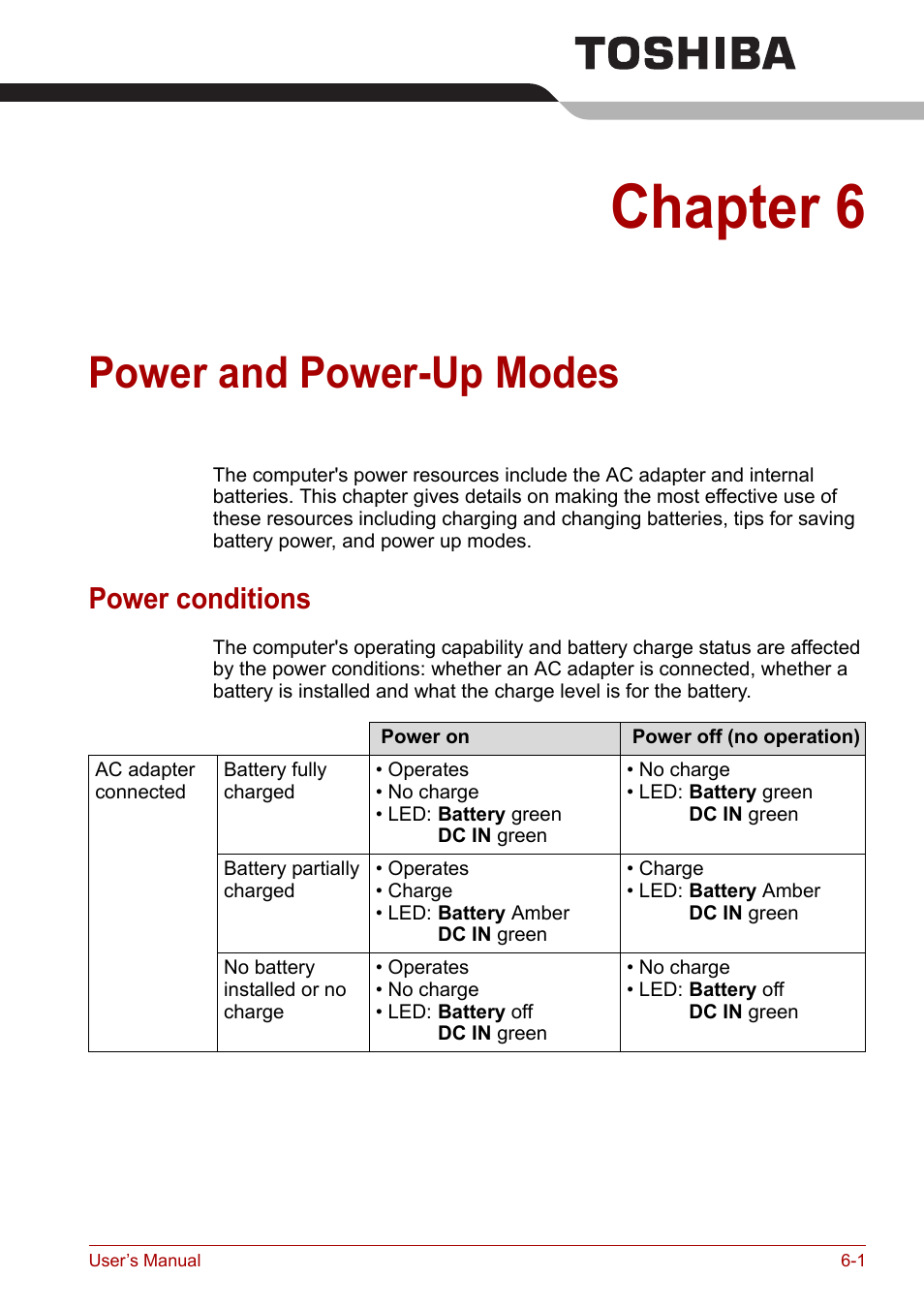 Chapter 6: power and power-up modes, Power conditions, Chapter 6 | Power and power-up modes, Power conditions -1, Power and, Power-up modes | Toshiba Tecra A6 (PTA60E) User Manual | Page 91 / 165
