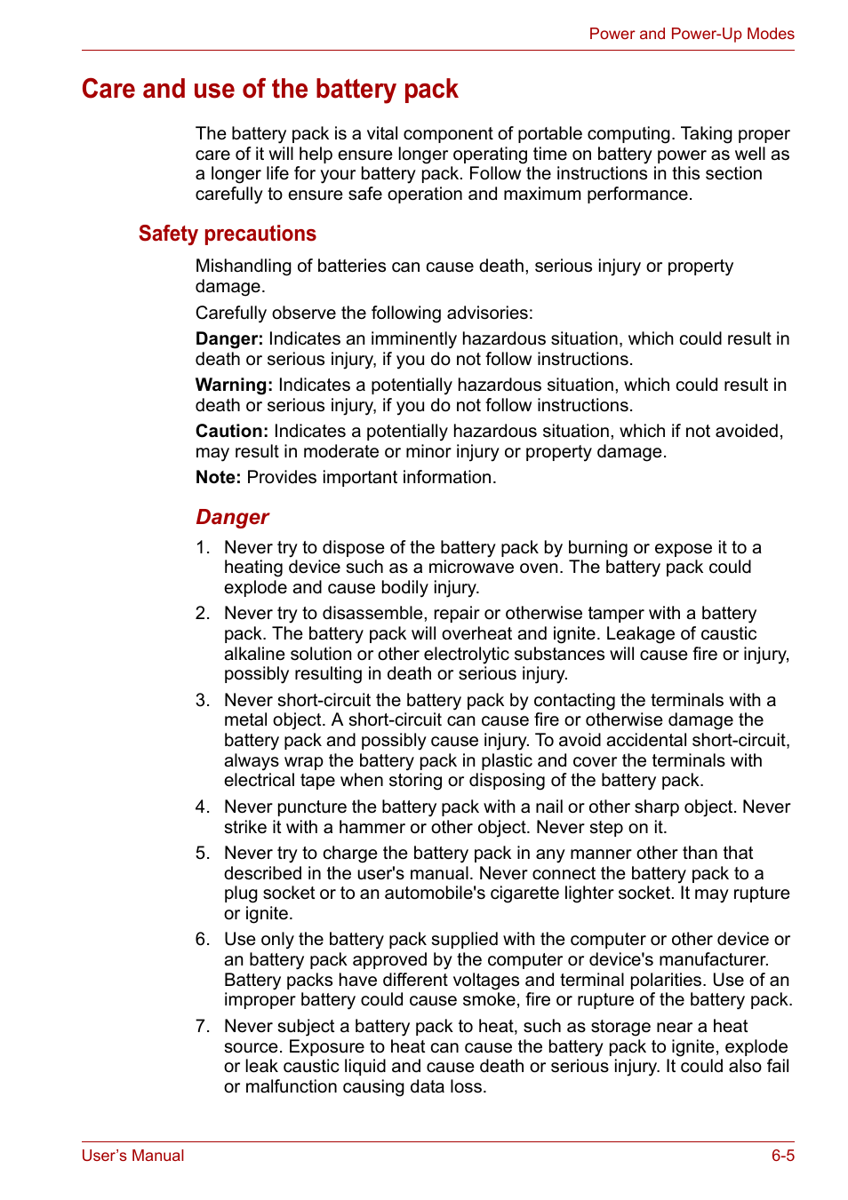 Care and use of the battery pack, Care and use of the battery pack -5, Safety precautions | Toshiba Tecra A6 (PTA60E) User Manual | Page 95 / 165