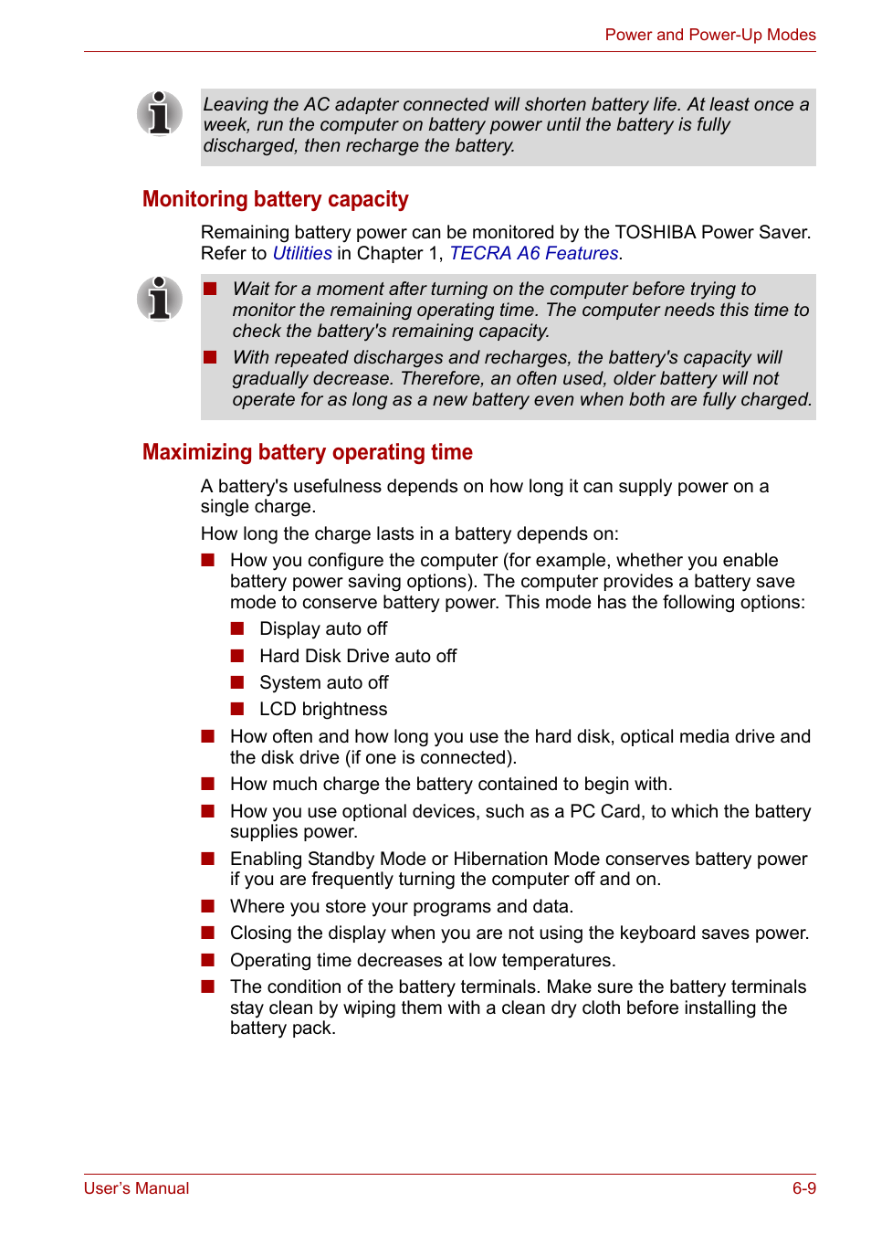 Monitoring battery capacity, Maximizing battery operating time | Toshiba Tecra A6 (PTA60E) User Manual | Page 99 / 165