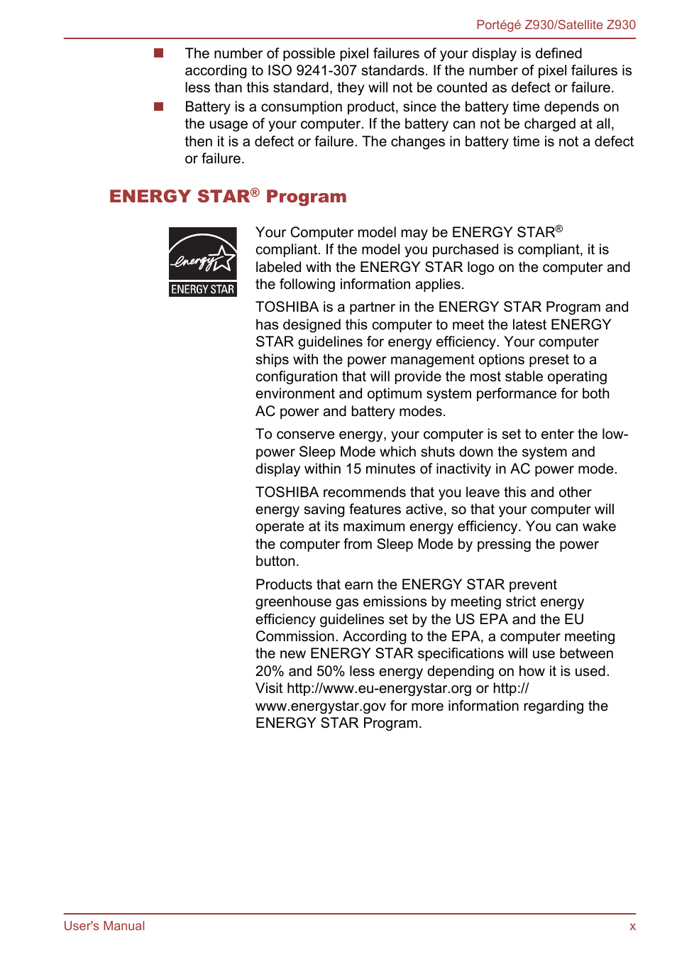 Energy star, Program | Toshiba Portege Z930-B User Manual | Page 10 / 132