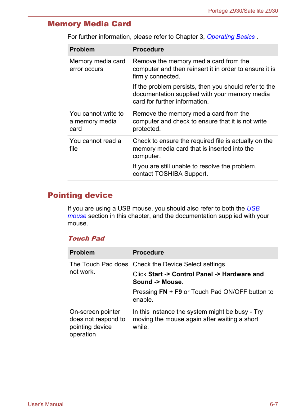 Memory media card, Problemspointing device pointing device, Pointing device | Toshiba Portege Z930-B User Manual | Page 103 / 132