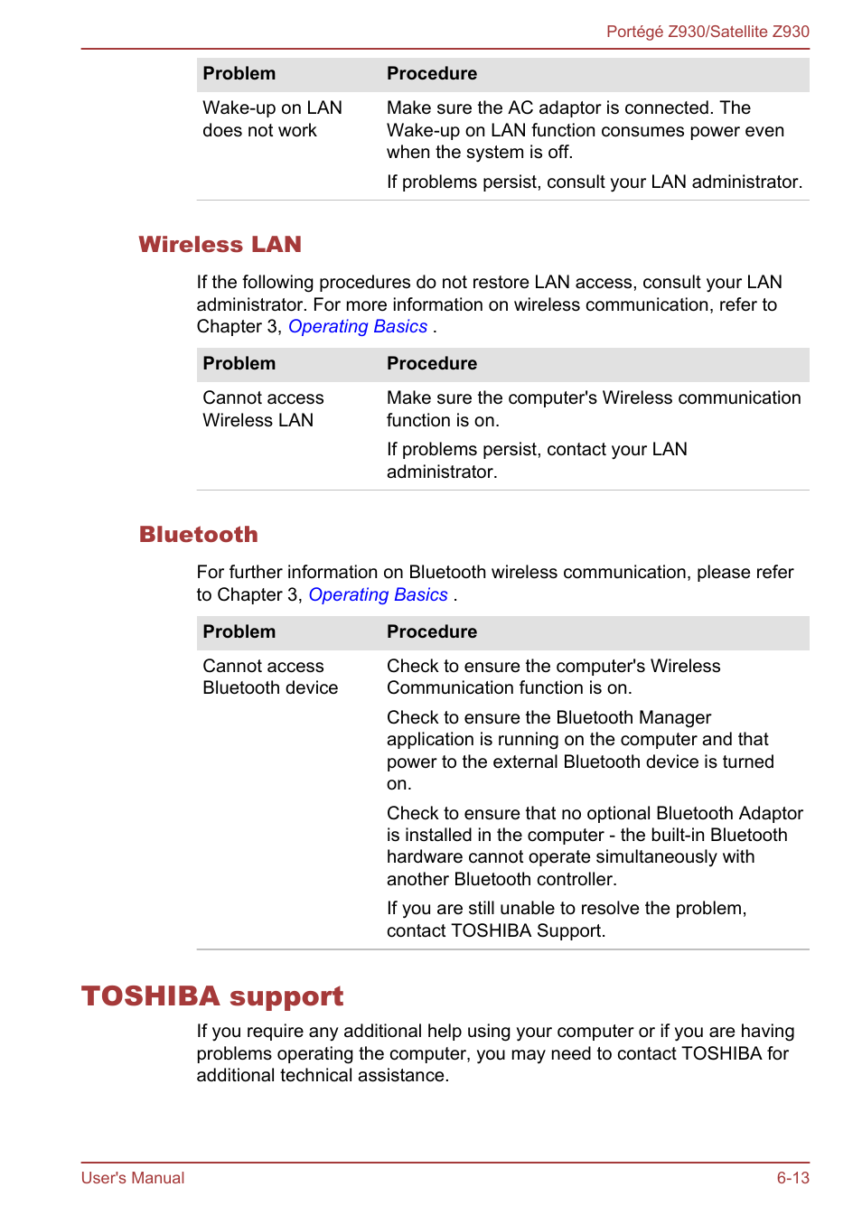 Wireless lan, Bluetooth, Toshiba support | Toshiba support -13 | Toshiba Portege Z930-B User Manual | Page 109 / 132