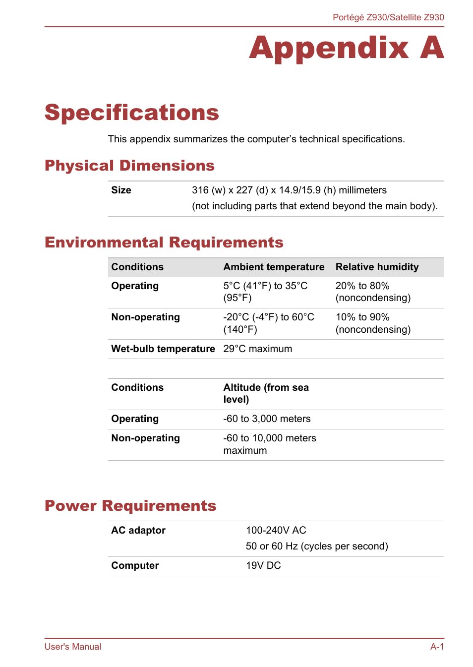 Appendix a specifications, Physical dimensions, Environmental requirements | Power requirements, Appendix a, Specifications | Toshiba Portege Z930-B User Manual | Page 111 / 132