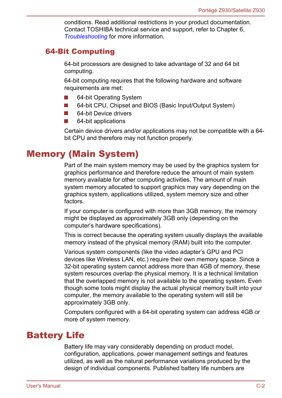 Bit computing, Memory (main system), Battery life | Toshiba Portege Z930-B User Manual | Page 116 / 132