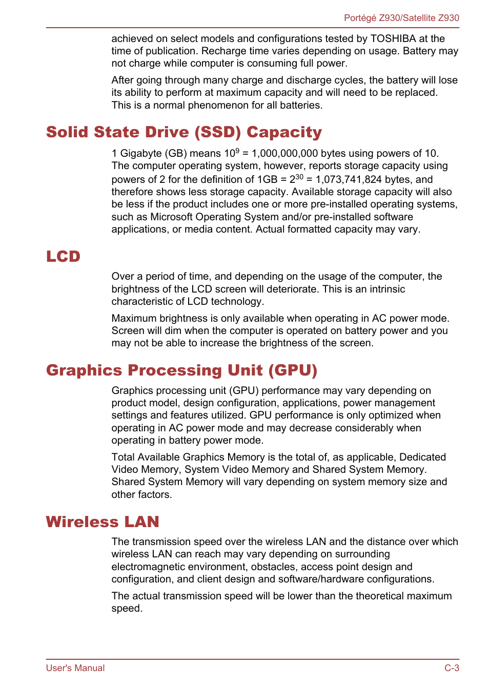 Solid state drive (ssd) capacity, Graphics processing unit (gpu), Wireless lan | Toshiba Portege Z930-B User Manual | Page 117 / 132