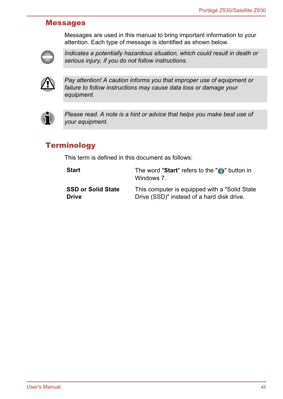 Messages, Terminology | Toshiba Portege Z930-B User Manual | Page 12 / 132