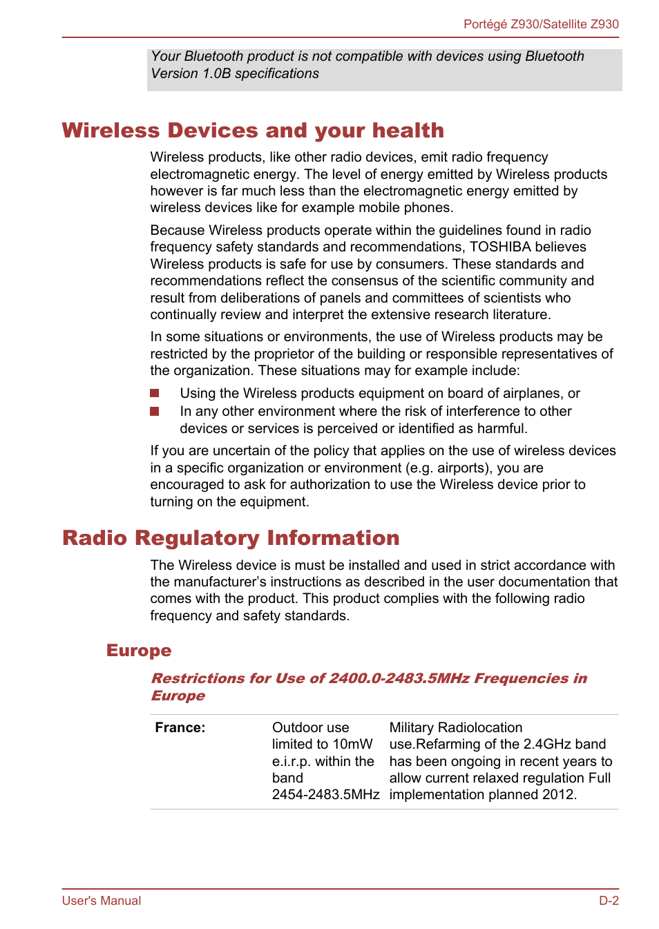 Wireless devices and your health, Radio regulatory information, Europe | Toshiba Portege Z930-B User Manual | Page 120 / 132