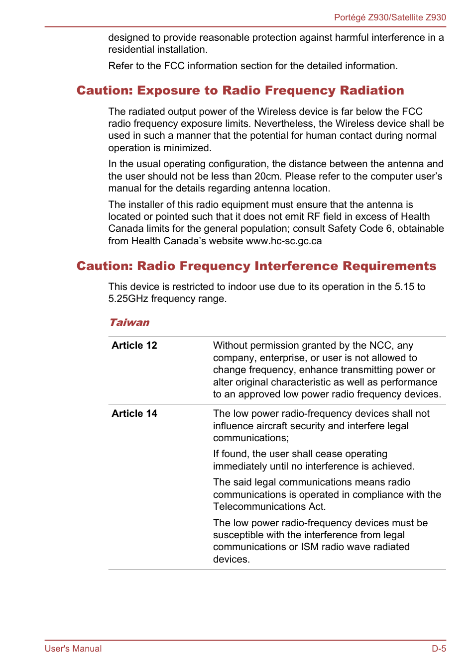 Caution: exposure to radio frequency radiation, Caution: radio frequency interference requirements | Toshiba Portege Z930-B User Manual | Page 123 / 132