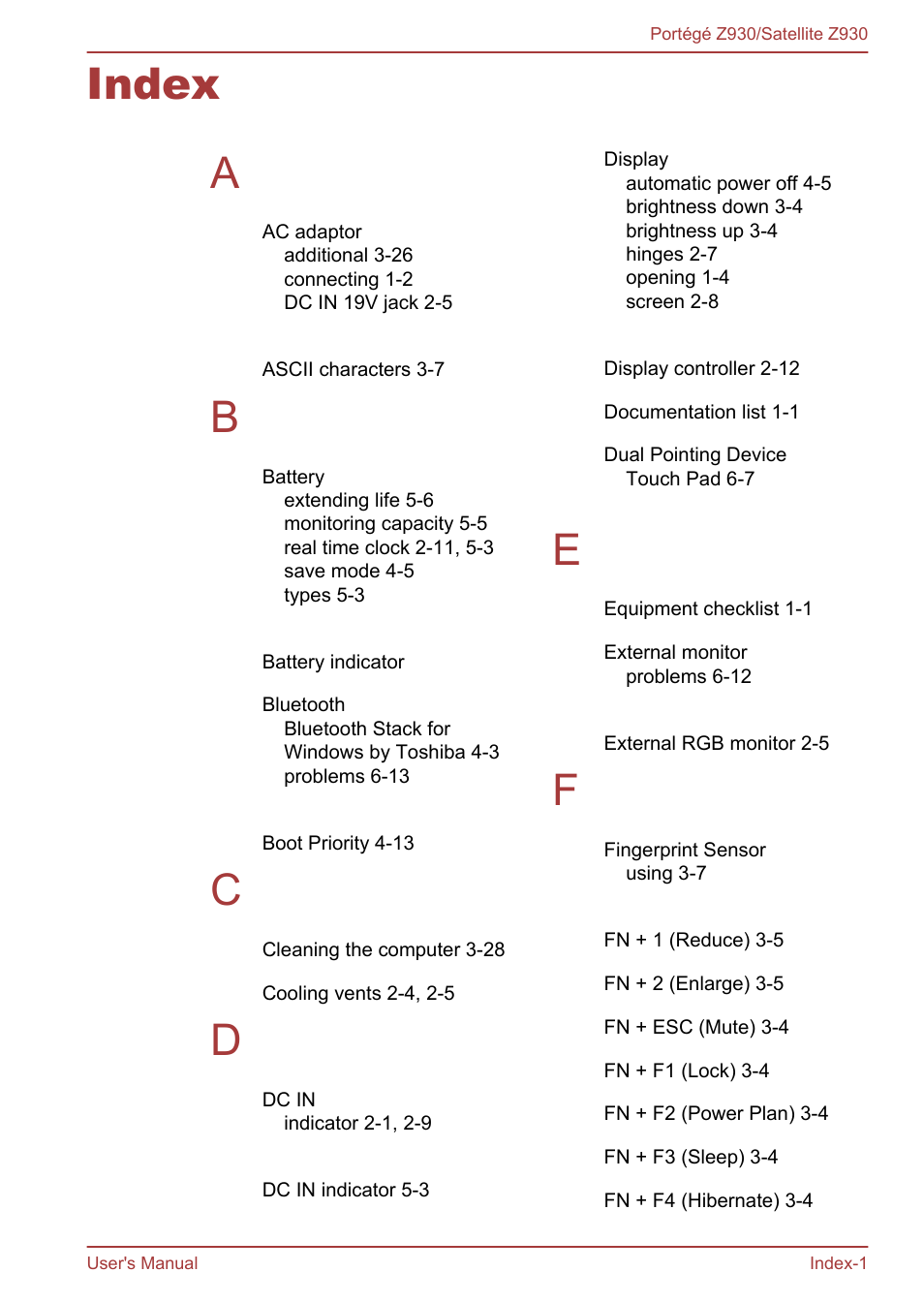 Index, Index a | Toshiba Portege Z930-B User Manual | Page 128 / 132