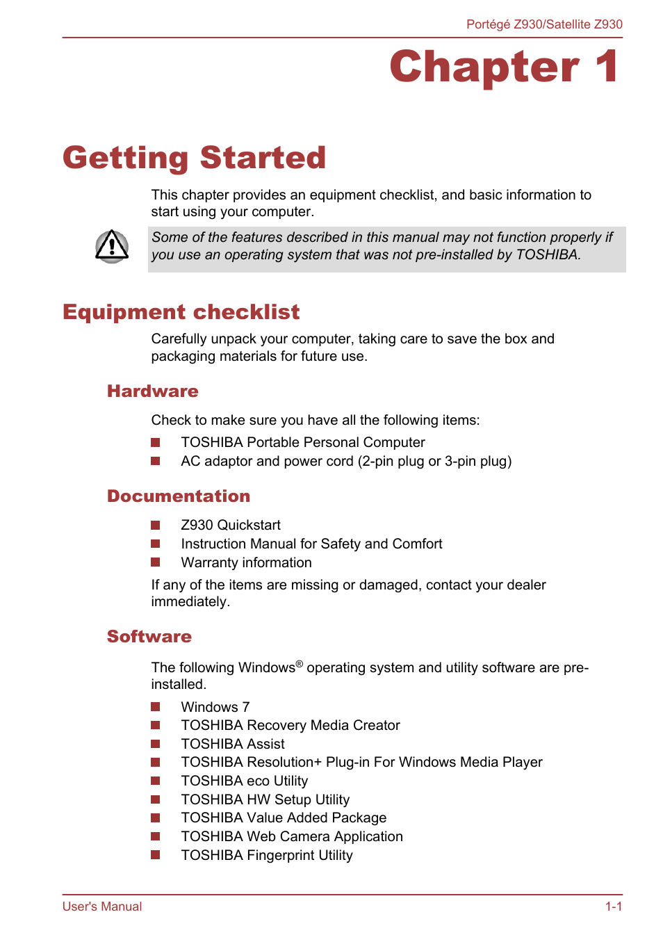 Chapter 1 getting started, Equipment checklist, Hardware | Documentation, Software, Chapter 1, Getting started, Equipment checklist -1 | Toshiba Portege Z930-B User Manual | Page 15 / 132