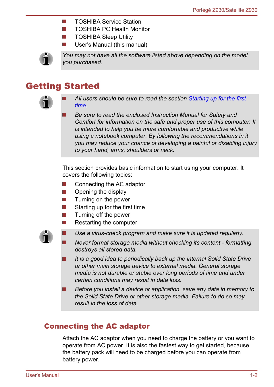 Getting started, Connecting the ac adaptor, Getting started -2 | Toshiba Portege Z930-B User Manual | Page 16 / 132