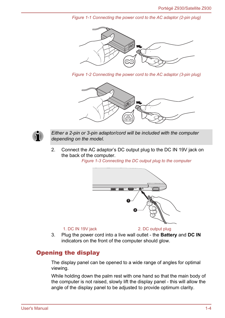 Opening the display | Toshiba Portege Z930-B User Manual | Page 18 / 132