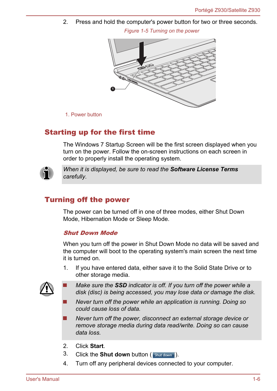 Starting up for the first time, Turning off the power | Toshiba Portege Z930-B User Manual | Page 20 / 132