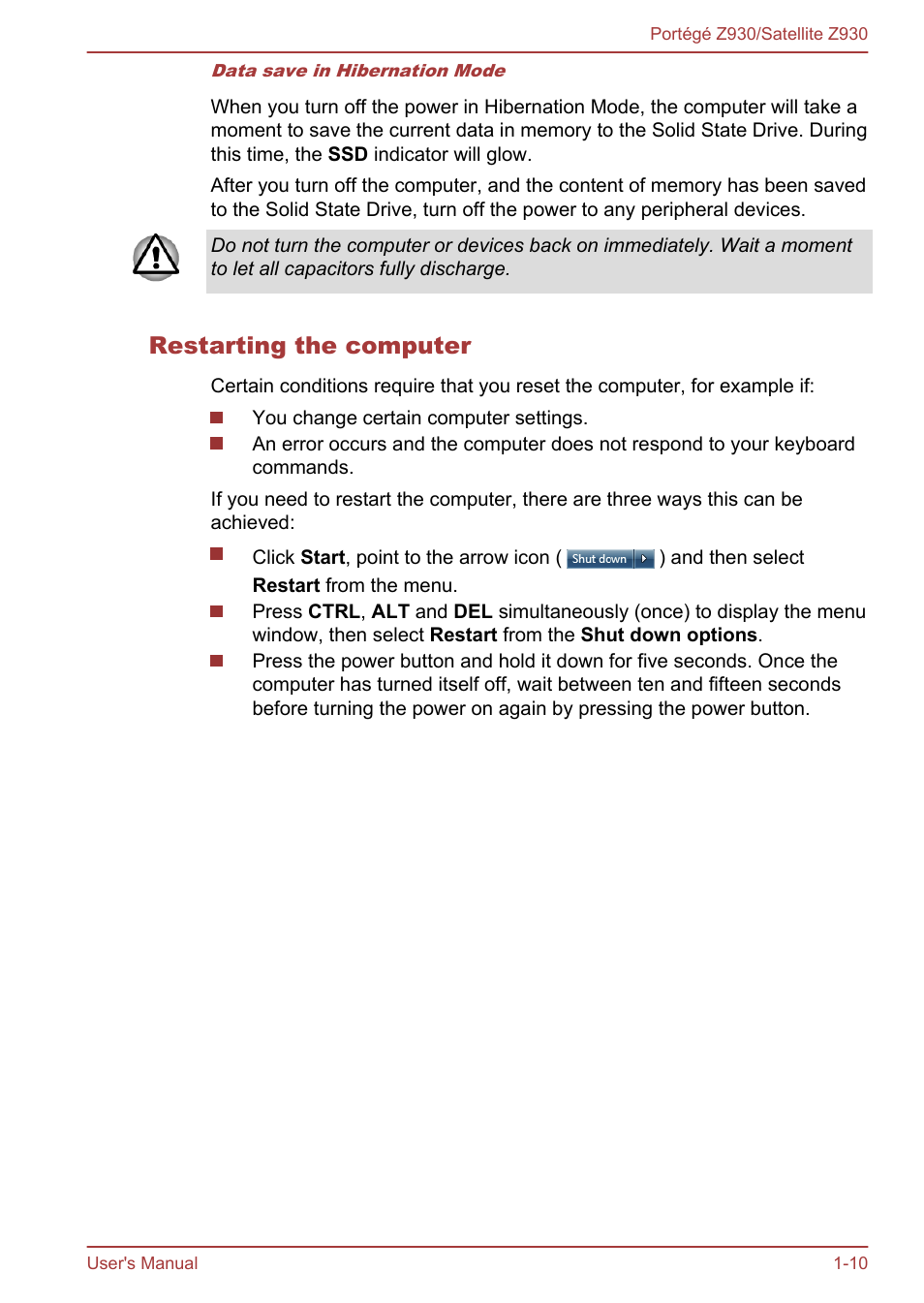 Restarting the computer | Toshiba Portege Z930-B User Manual | Page 24 / 132