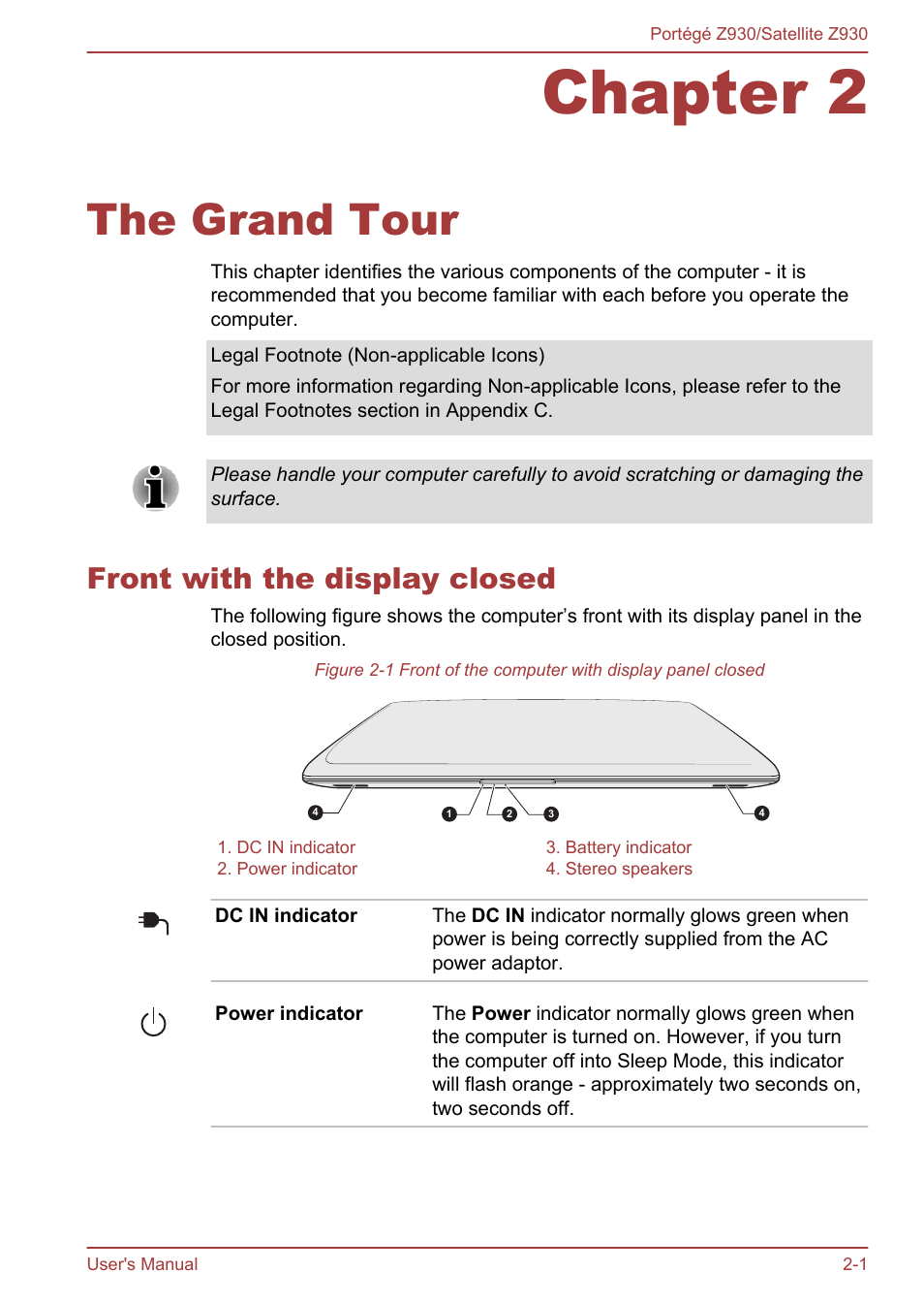 Chapter 2 the grand tour, Front with the display closed, Chapter 2 | The grand tour, Front with the display closed -1 | Toshiba Portege Z930-B User Manual | Page 25 / 132