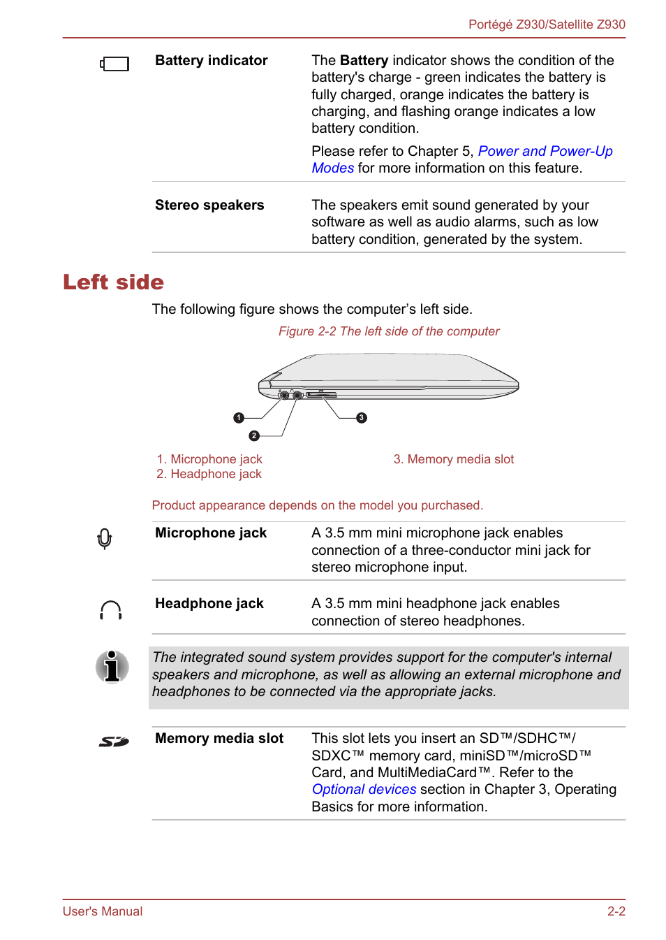 Left side, Left side -2 | Toshiba Portege Z930-B User Manual | Page 26 / 132