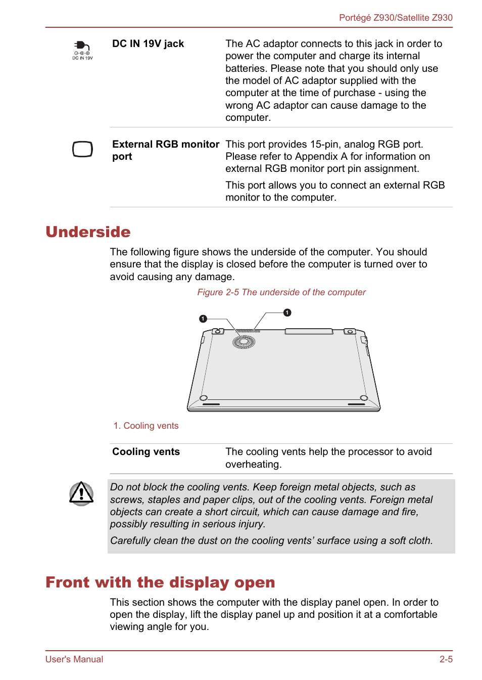 Underside, Front with the display open, Underside -5 front with the display open -5 | Toshiba Portege Z930-B User Manual | Page 29 / 132