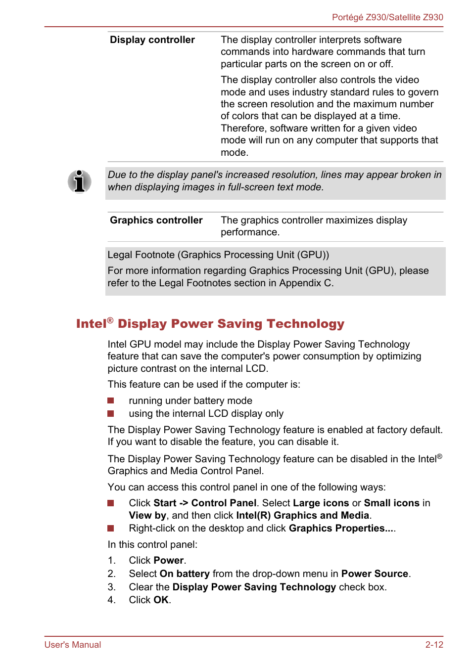 Intel® display power saving technology, Intel, Display power saving technology | Toshiba Portege Z930-B User Manual | Page 36 / 132