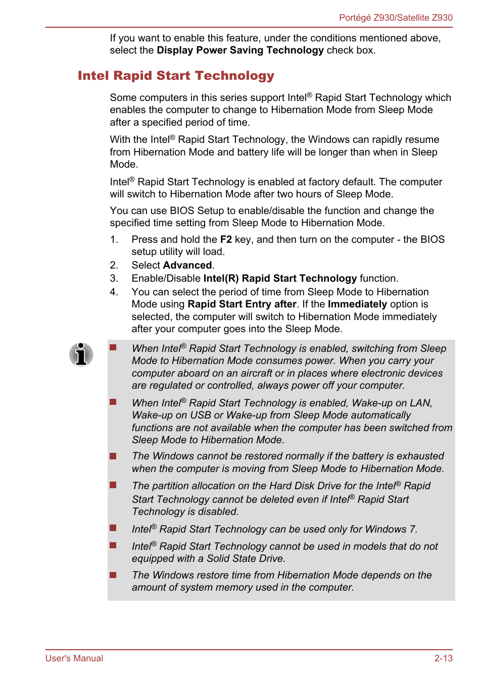 Intel rapid start technology | Toshiba Portege Z930-B User Manual | Page 37 / 132