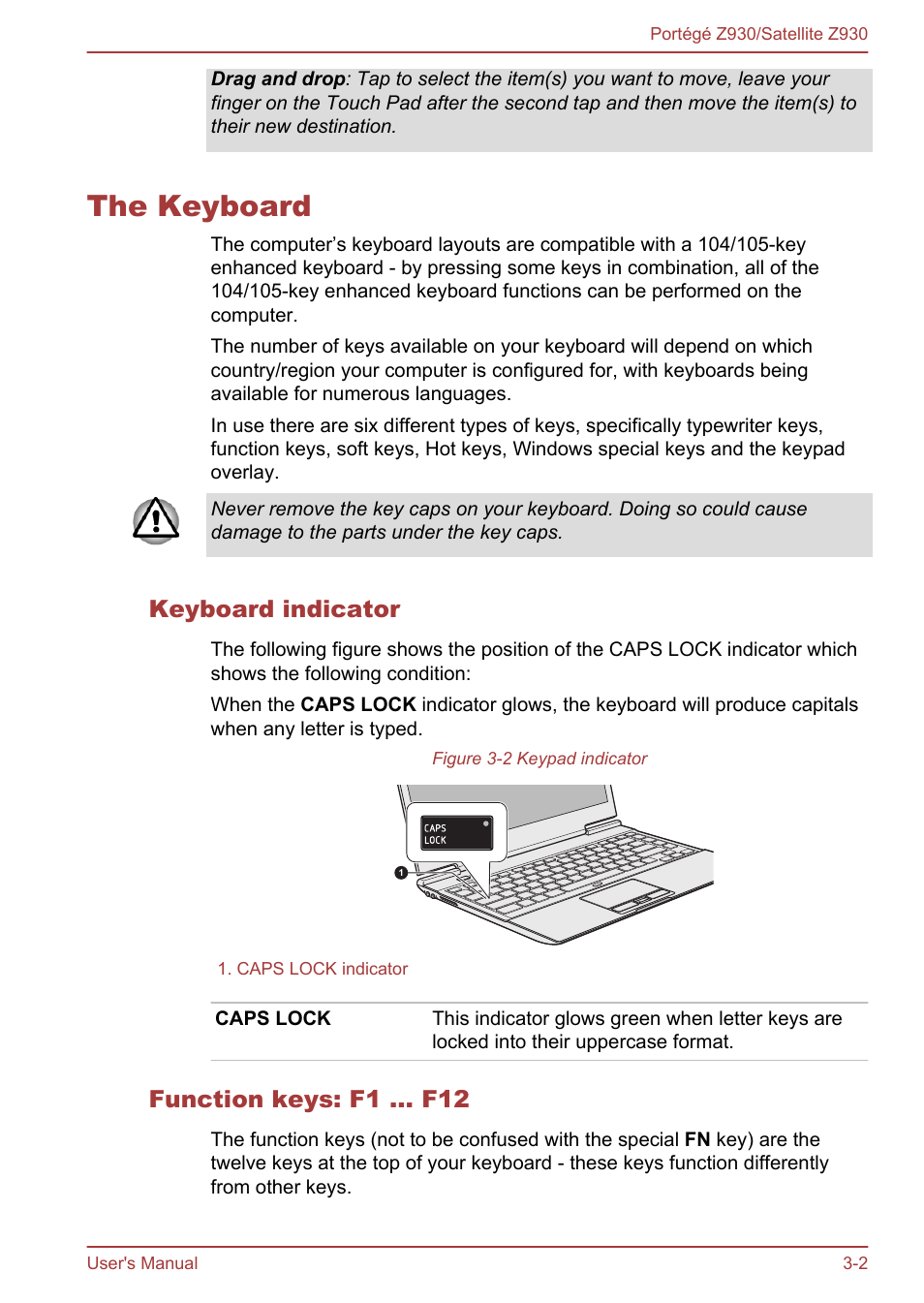 The keyboard, Keyboard indicator, Function keys: f1 … f12 | The keyboard -2 | Toshiba Portege Z930-B User Manual | Page 39 / 132