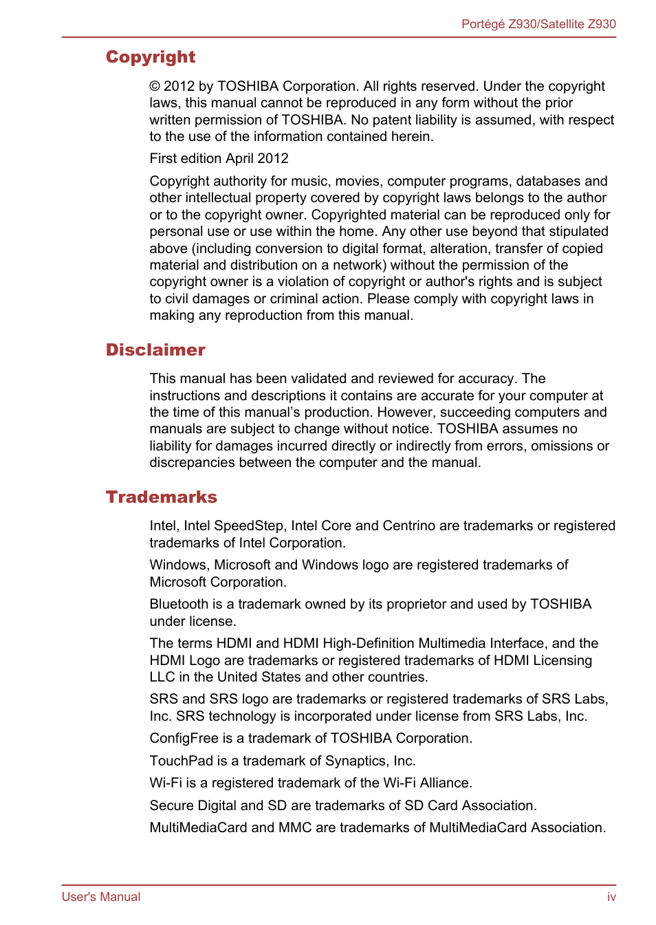 Toshiba Portege Z930-B User Manual | Page 4 / 132