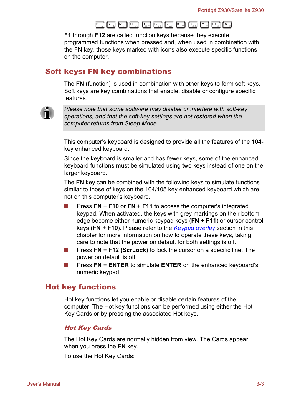 Soft keys: fn key combinations, Hot key functions | Toshiba Portege Z930-B User Manual | Page 40 / 132