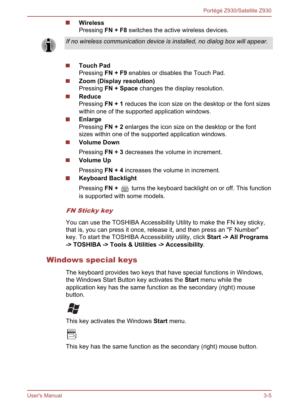 Windows special keys | Toshiba Portege Z930-B User Manual | Page 42 / 132