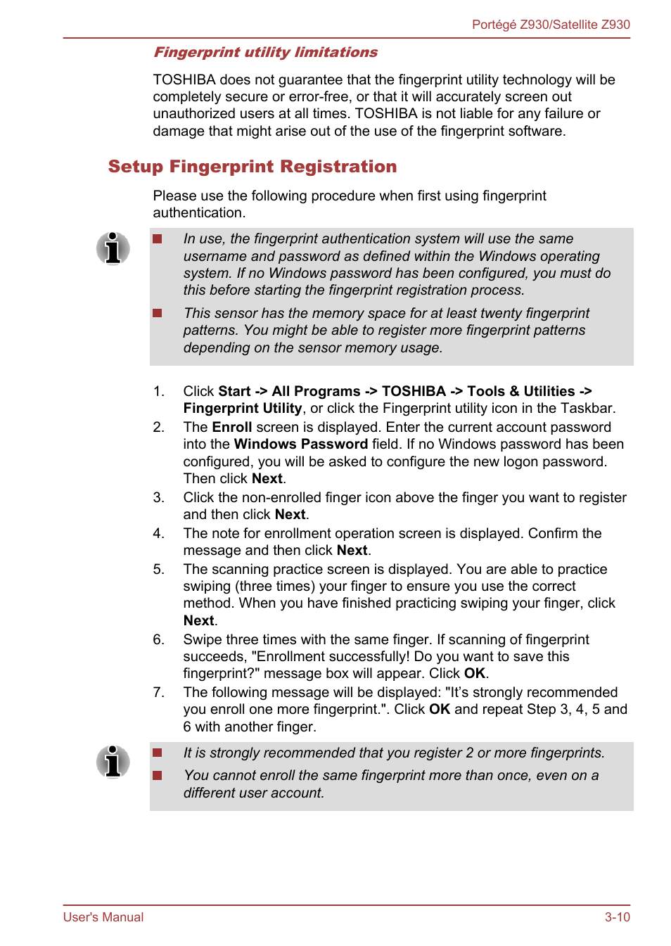 Setup fingerprint registration | Toshiba Portege Z930-B User Manual | Page 47 / 132