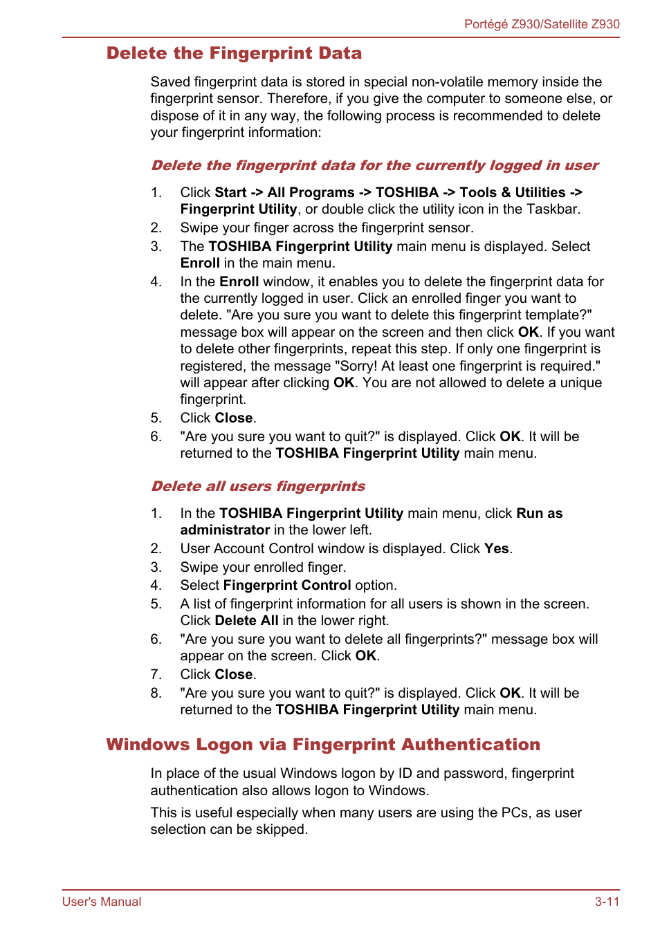 Delete the fingerprint data, Windows logon via fingerprint authentication | Toshiba Portege Z930-B User Manual | Page 48 / 132