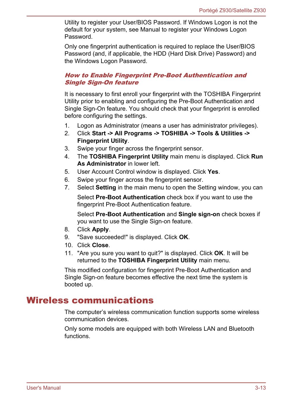 Wireless communications, Wireless communications -13 | Toshiba Portege Z930-B User Manual | Page 50 / 132