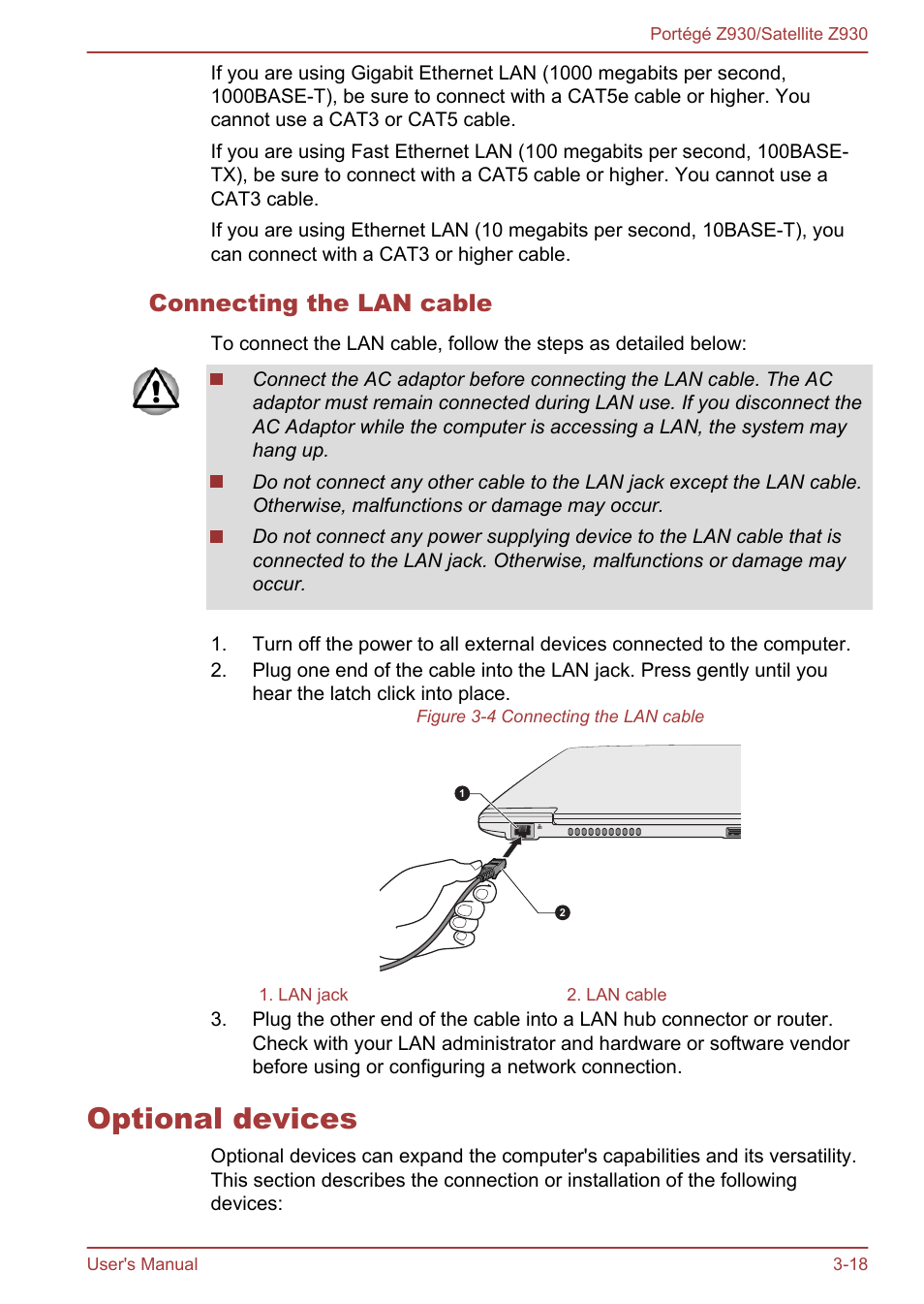 Connecting the lan cable, Optional devices, Optional devices -18 | Toshiba Portege Z930-B User Manual | Page 55 / 132