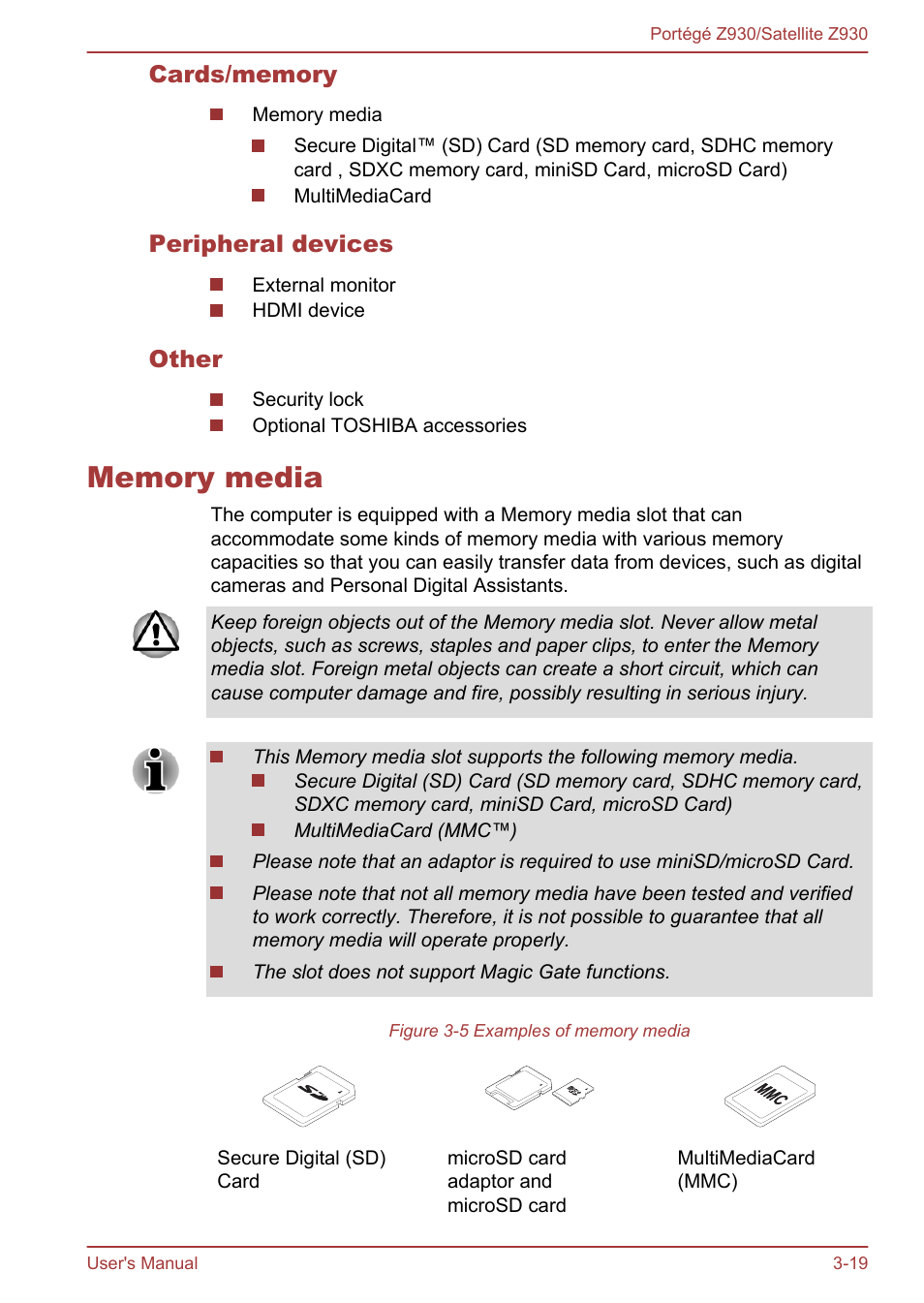 Cards/memory, Peripheral devices, Other | Memory media, Memory media -19 | Toshiba Portege Z930-B User Manual | Page 56 / 132