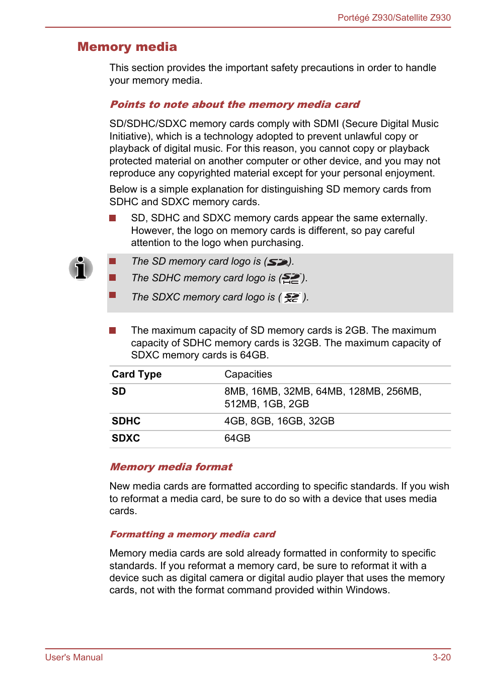 Memory media | Toshiba Portege Z930-B User Manual | Page 57 / 132