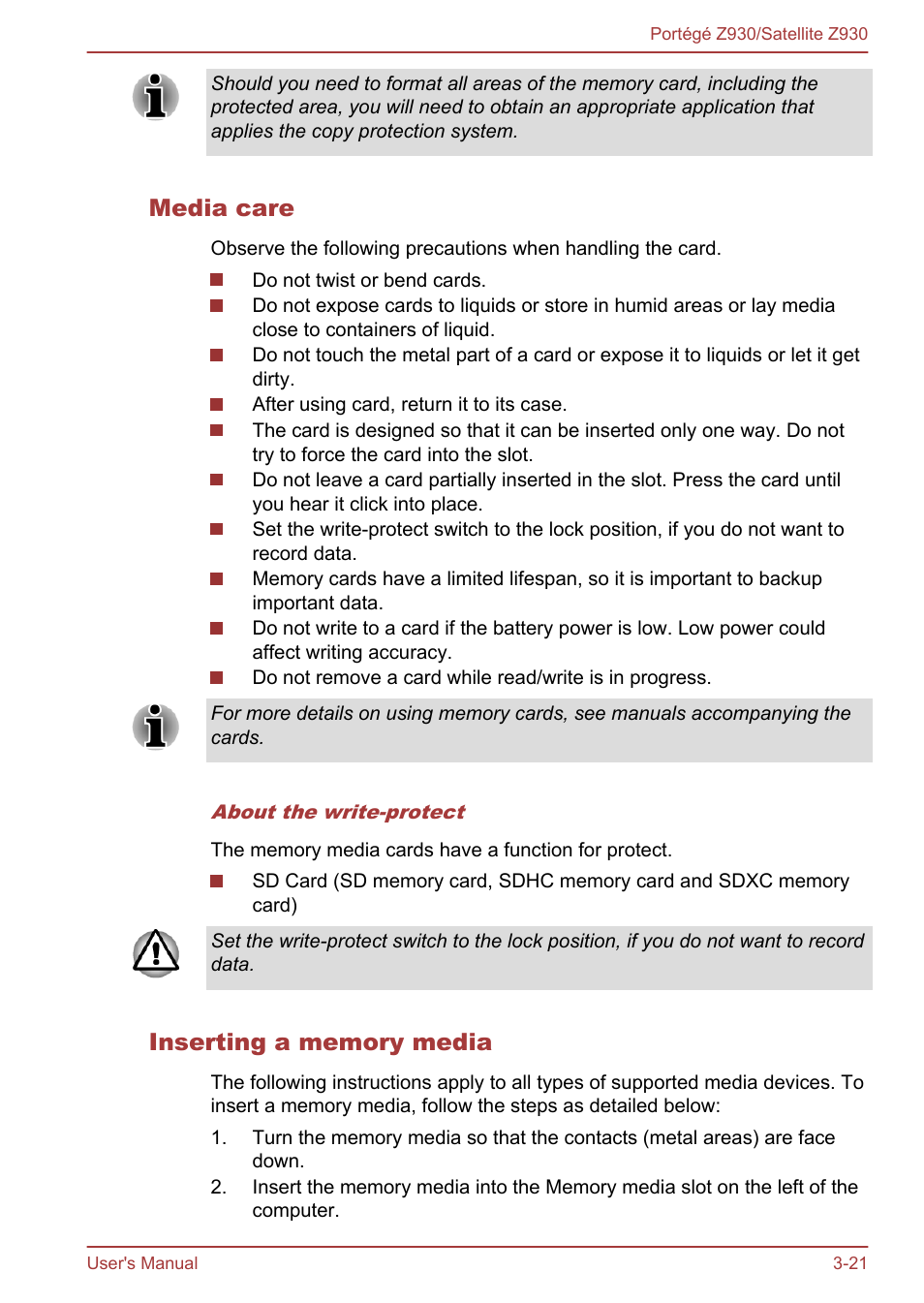 Media care, Inserting a memory media | Toshiba Portege Z930-B User Manual | Page 58 / 132