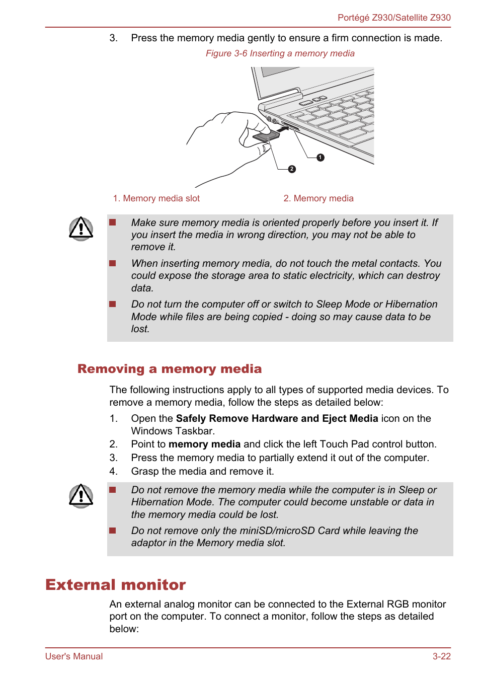 Removing a memory media, External monitor, External monitor -22 | Toshiba Portege Z930-B User Manual | Page 59 / 132