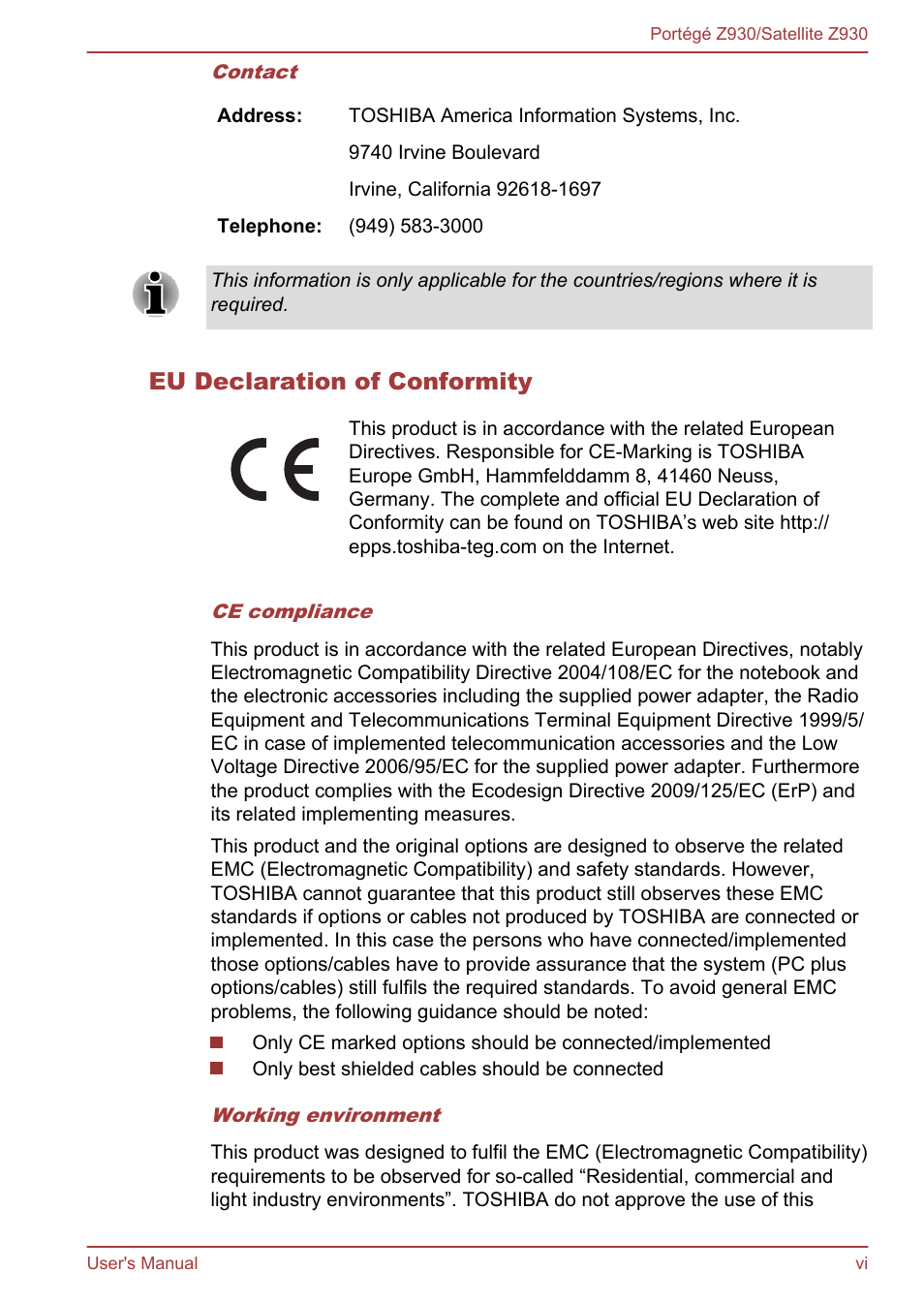 Eu declaration of conformity | Toshiba Portege Z930-B User Manual | Page 6 / 132