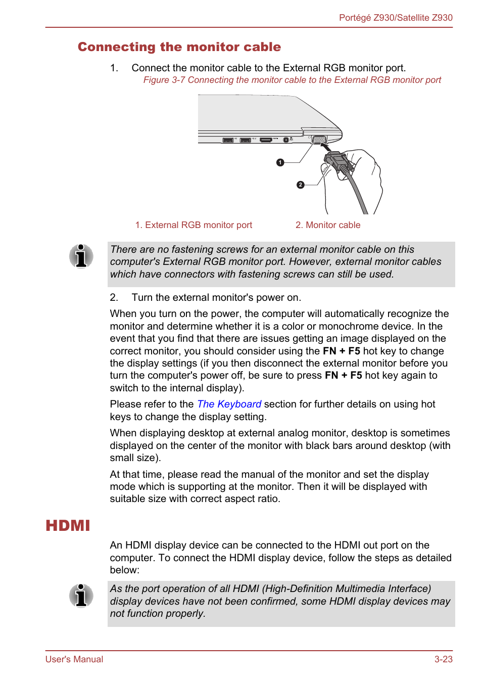 Connecting the monitor cable, Hdmi, Hdmi -23 | Toshiba Portege Z930-B User Manual | Page 60 / 132